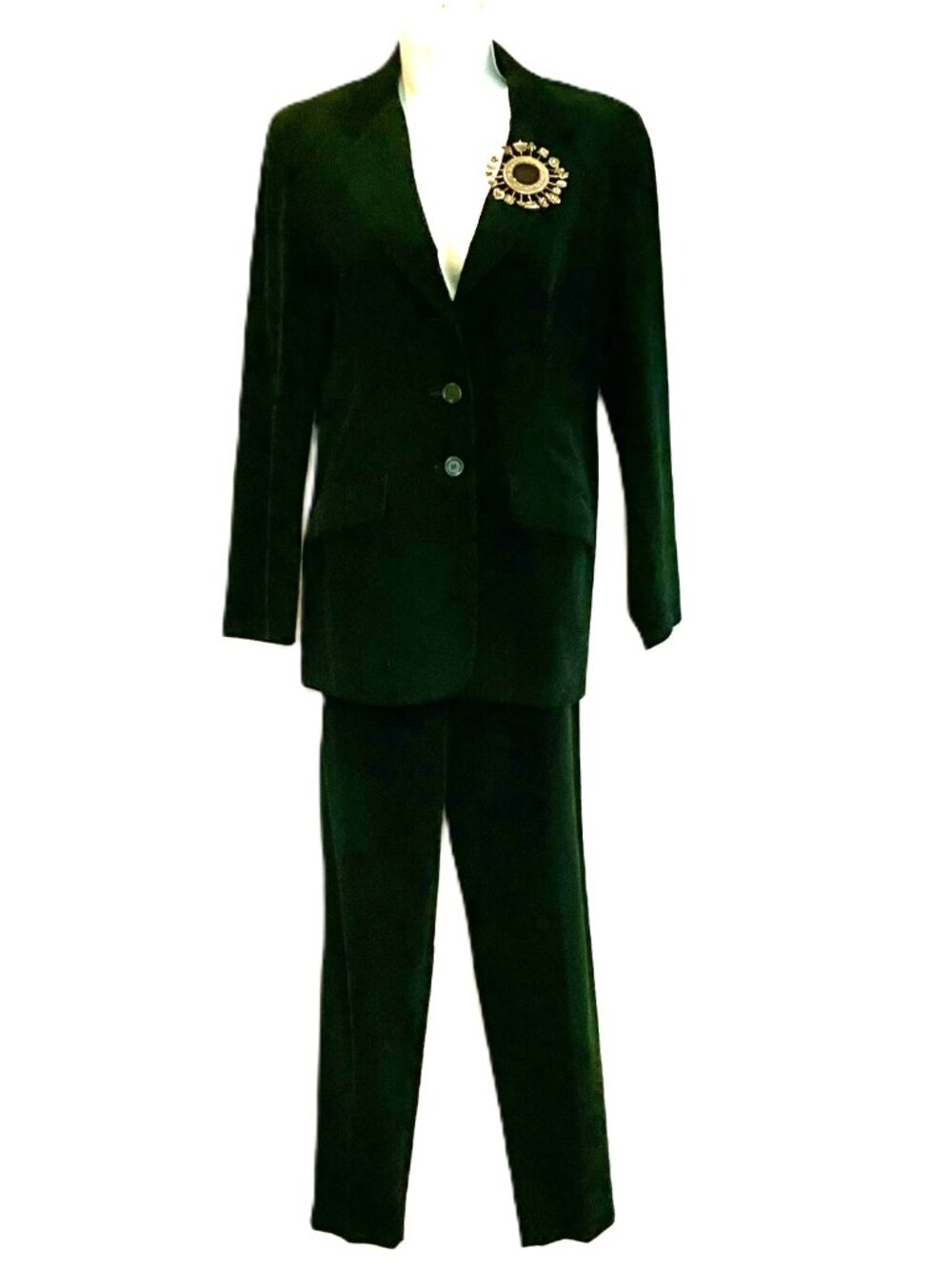 ILIA Dark Green Micro Corduroy Paint suit with Vintage Brooch IT42 Italy